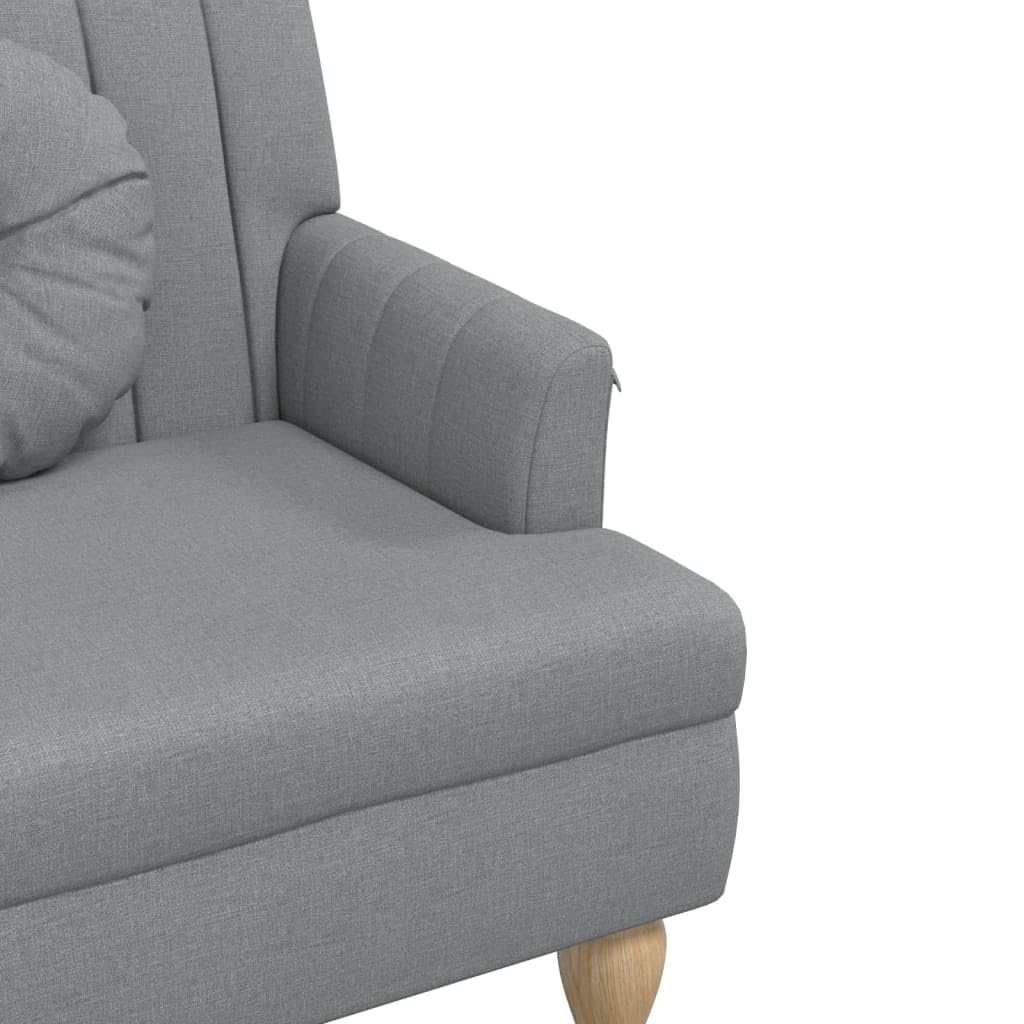 Banco de tela gris claro 113 x 64,5 x 75,5 cm con respaldo, asiento y reposabrazos acolchados gruesos, patas de madera de caucho maciza, estructura de madera contrachapada robusta, soporta