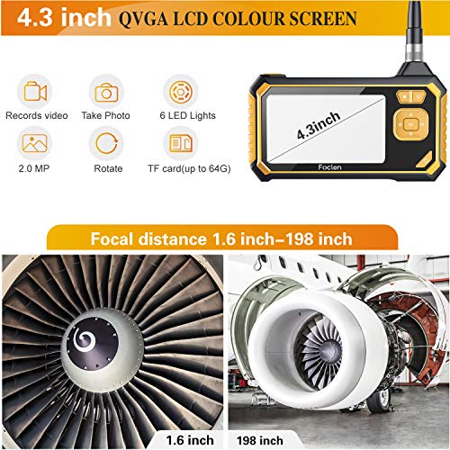 Industrial Endoscope,Foclen Borescope Camera 1080P HD 4.3inch LCD 2600mAh Battery Handheld Inspection Camera with Light 6 LED and 16GB TF Card Digital Video Recording IP67 Waterproof (16.4FT)