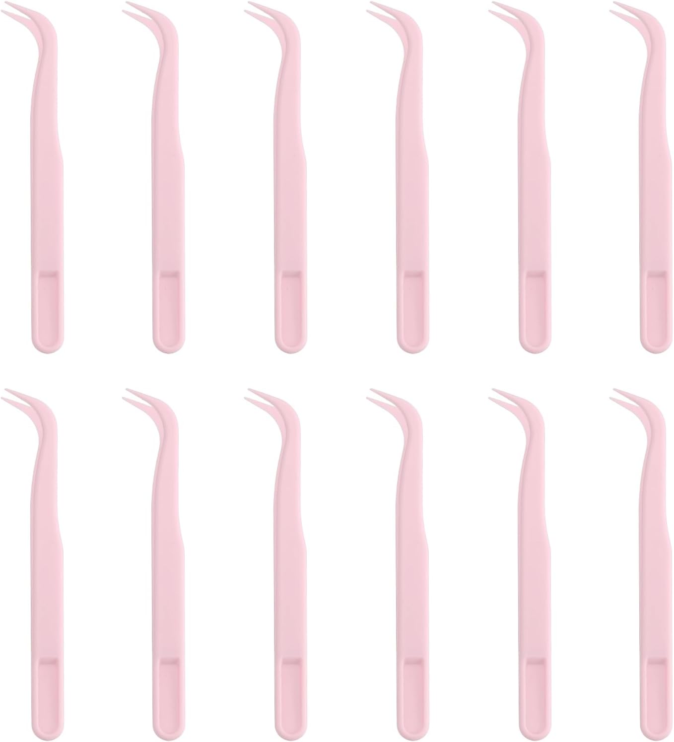 MECCANIXITY 12 Pack Plastic Tweezers for Crafts, 4.5" Long Bent Tweezers Bulk for Picking DIY Bead, Jewelry Making, Baking Decoration, Animal Feeding, Disposable Stickers (Pink)