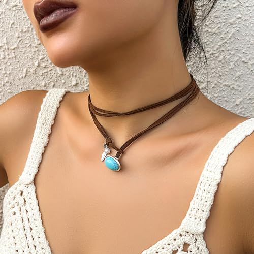 Boho Choker Necklace for Women Brown Suede Choker Necklace Western Cowgirl Choker Necklace Turquoise Coin Leather Choker Western Boho Necklaces2