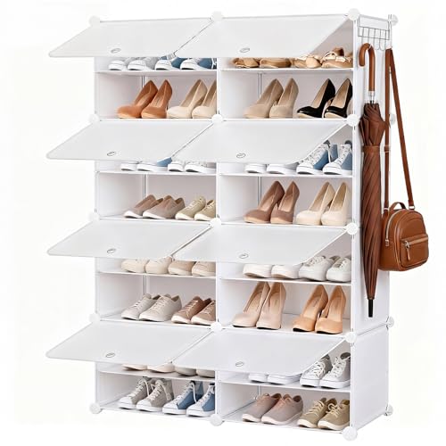 Image of DUMOS 8-Tier Shoe Storage Cabinet with Door, Stackable, 32 Pairs, White | Dust-proof door with airflow holes, fits closets, entryways, hallways & bedrooms, waterproof PP panels, side hooks included