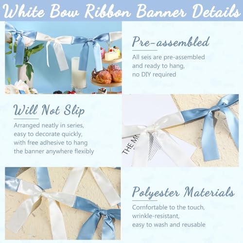 Trandraft 2 Pcs Baby Blue and White Bow Garland Banner 16.4 ft Bow Party Decorations for Girls Pastel Bow Ribbon Banner Bow Birthday Baby Shower Decorations Coquette Bridal Shower Party Supplies by Trandraft - Used condition - Image 6