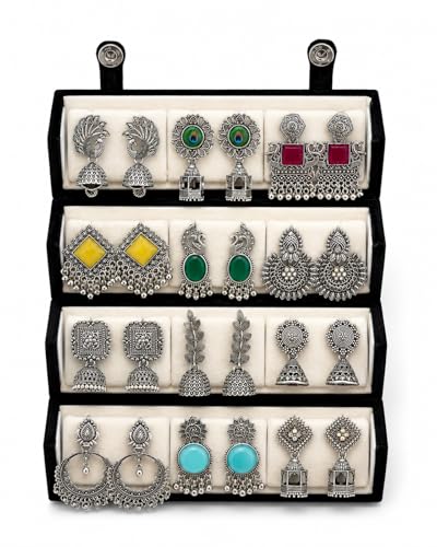 Image of Shining Diva Fashion 12 Pairs Oxidised Silver Earrings Set for Women with Jewellery Organisers Foldable Organizer Box | Traditional Afghani Stylish Jhumka Earring Gifts for Girls (17480er BOX1025)