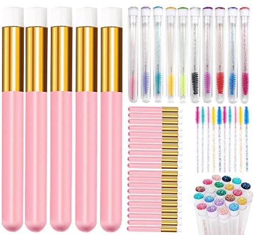 70 Pieces Lash Shampoo Brushes Facial Cleansing Makeup Brushes,Include 30 Eyelash Extensions Cleaning Brush,10 Mascara Brushes with Container,30 Diposable Lash Wands Blackhead Remover,Pink
