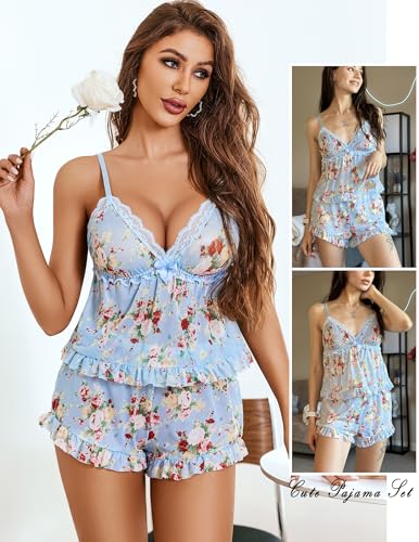 Image of Avidlove Sexy Pajama Lingerie Set for Women Sheer Mesh Cami Shorts | Ruffle V-neck sleepwear, lace trim, elastic waist, adjustable straps, lightweight feel, summer vacation boudoir outfit