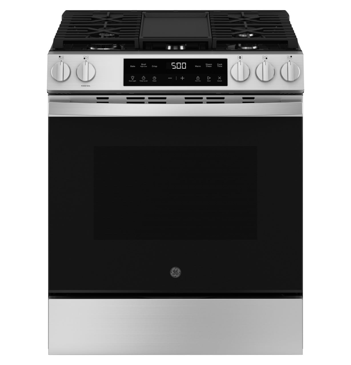 GE gas slide-in range with steam clean and sealed burners