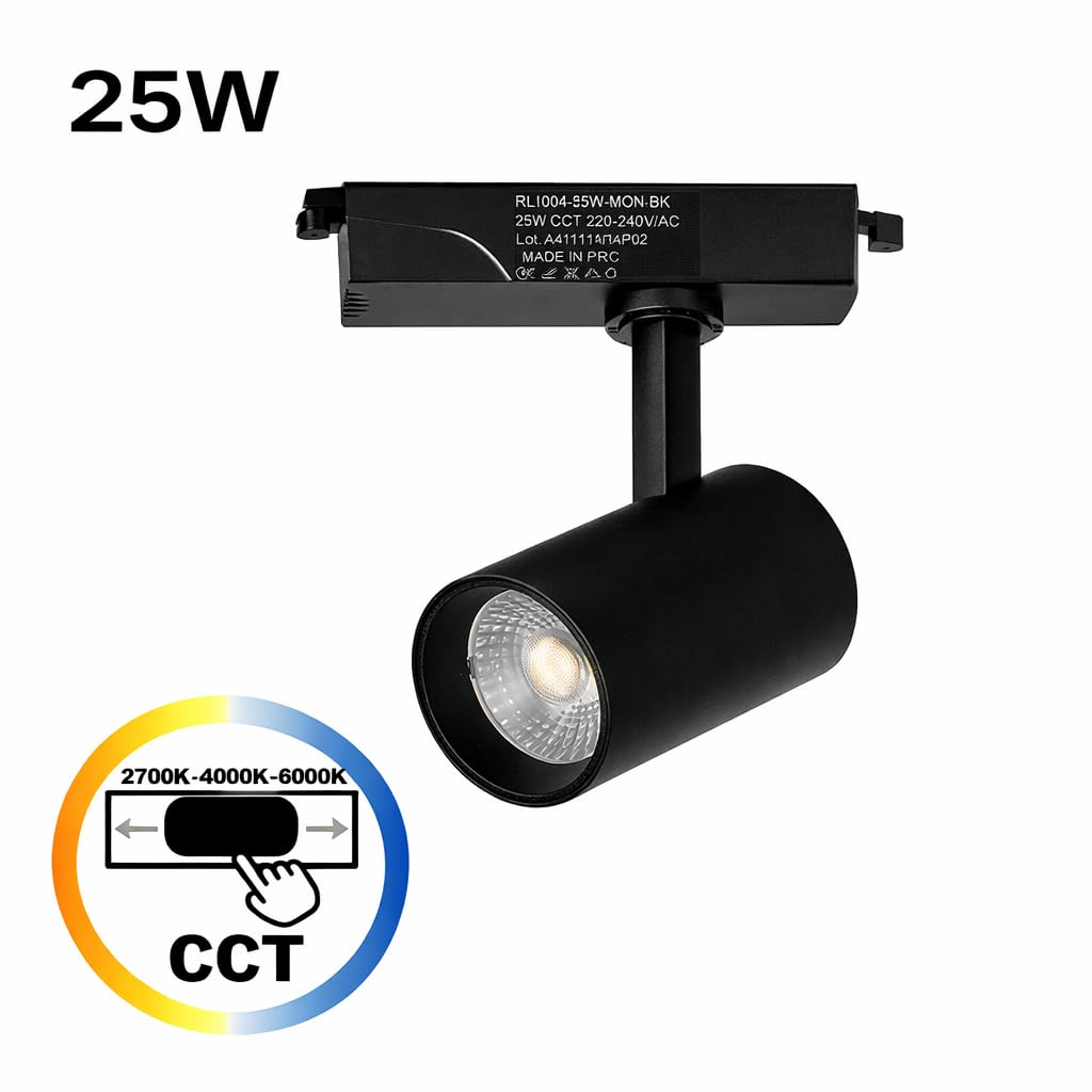 Alpinaluz Foco LED para Carril Monofásico 25W 2500lm CRI>90 CCT Seleccionable 2700K-4000K-6000K Orientable Negro Mate Ángulo 40° Iluminación Profesional Comercial y Residencial IP20