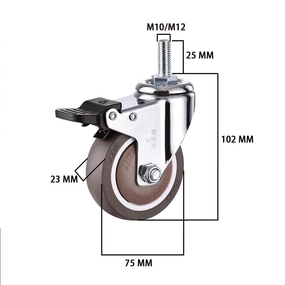 Stelo Filettato Ruote M10/M12, Silenziose Ruote in Gomma 3 Pollice, Ruote Pivottanti con Freni per Carrelli, Mobiletti, Moquette, 4 Pezzi(with Brake,M12x25)
