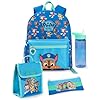 Paw Patrol Boys Backpack Set Kids 4 Piece Blue Green Rucksack Bundle with School Bag Pencil Case Lunch Bag Water Bottle Chase Dog Crew Graphic Complete Matching Set Back to School Gifts