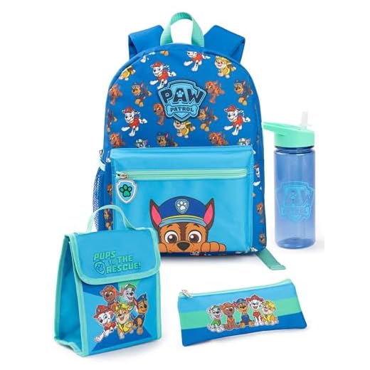 Paw Patrol Juego de mochila Boys | Paquete de mochila azul y verde de 4 piezas para niños con mochila escolar, estuche de lápices, bolsa de almuerzo y botella de agua | Chase Dog Set Completo