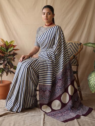 Image of AKHILAM Women's Pure Crepe Striped Printed Saree With Unstitched Blouse Piece