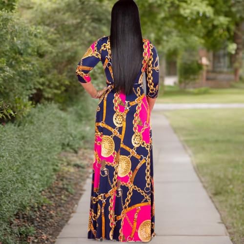 Image of BFFBABY Women's Wrap V Neck Plus Size Maxi Dresses 3 /4 Sleeves Chain Floral Printed Swing Dress with Belt