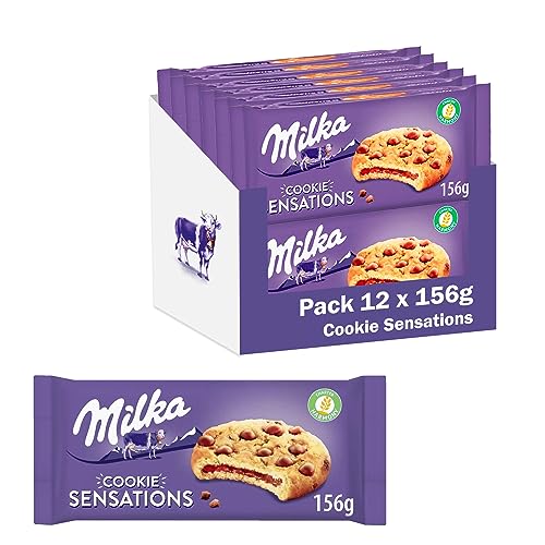 Milka Sensations Galleta Cookie con Pepitas de Chocolate con Leche y Relleno de Chocolate con Leche de los Alpes 156 g, Pack de 12