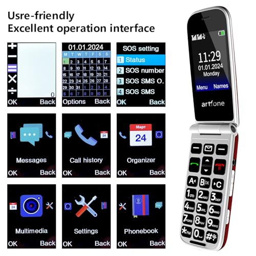 artfone F20 Seniorenhandy Klapphandy Ohne Vertrag丨2G GSM Handy für Senioren丨Dual SIM Großtasten Mobiltelefon丨2,4 Zoll Farbdisplay丨SOS Notruftaste丨FM Radio丨Sprachansage丨Kurzwahl丨1300mAh Akku - Rot