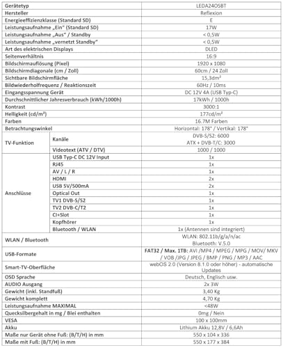 Reflexion LEDA24OSBT Smart LED Akku Fernseher powered by webOSHub, 60 cm/24 Zoll, Camping/Wohnmobil/Wohnwagen/Boot/LKW TV, USB Typ-C DC 12V Input, 230V, Full HD, Triple Tuner, Bluetooth, WLAN, Schwarz – Bild 7