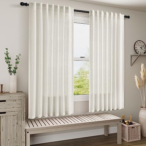 Image of Cream Linen Back Tab Curtains 63 Inch Length for Living Room 2 Panel Set Neutral Modern Farmhouse Window Curtain Privacy Semi Sheer Linen Drapes Rustic Pinch Pleated Look Curtain Natural Ivory