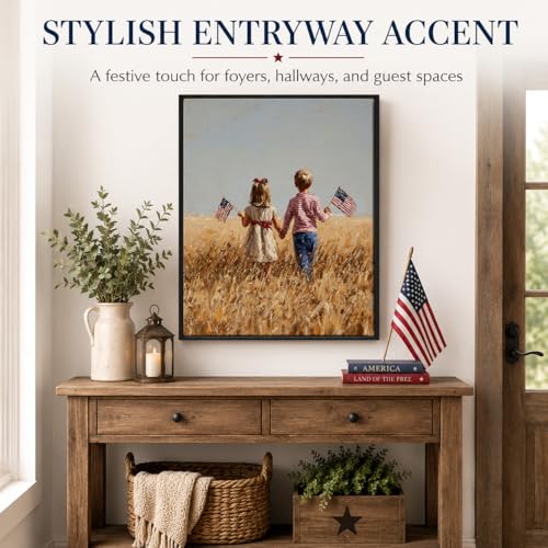 Image of American Flag Framed Canvas Wall Art, 4th of July Canvas Prints, Boy Holding USA Flag Patriotic Decorations, Modern Independence Day Wall Decor for Living Room Kids Room Dining Room Office 6x8