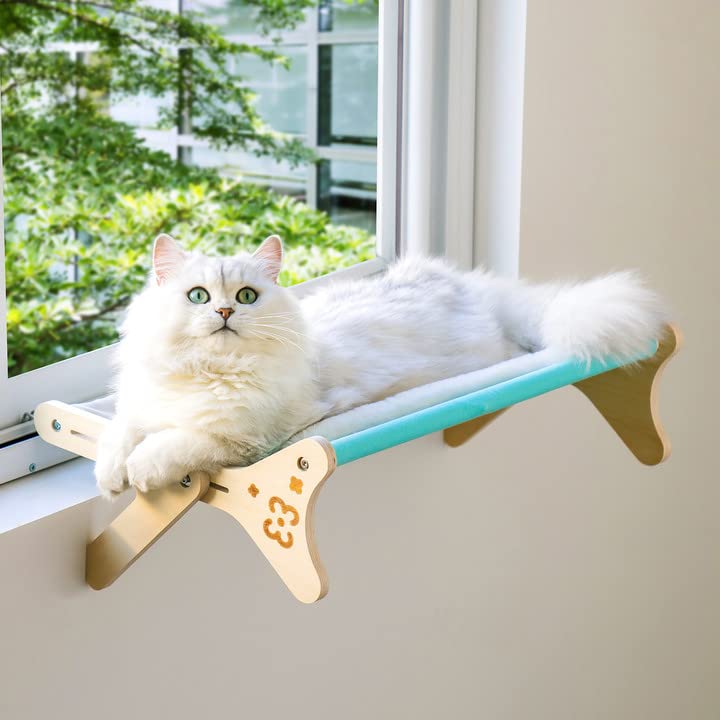 Cat Window Perch Cat Window Hammock Seat for Indoor Cats Sturdy Adjustable Steady Cat Bed Providing All-Around Sunbath Space Saving Washable Holds Up to 40 lbs (2 in 1 Blue with pad)