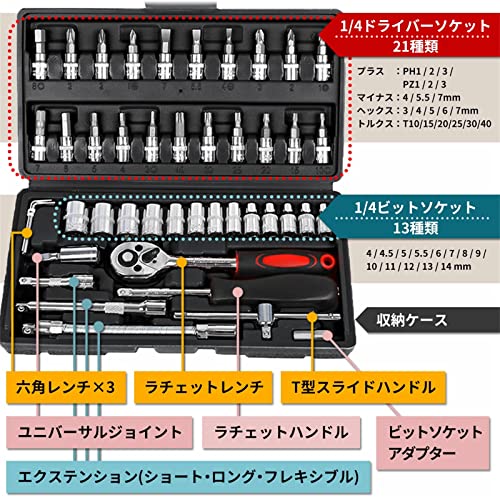 ソケットレンチ 差込角6 35mm 1 4インチ 46点セット ラチェット レンチ 自動車修理 車メンテナンス ガレージツールセット 作業セット 工具 道具 専用収納ケース付属 車整備 点検 Diy用 便利