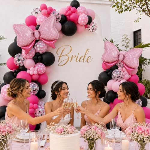 Image of Pink and Black Balloons with 2Pcs Pink Bow Balloons | 50 Pcs 12 Inch Hot Pink Black Balloons Set with Confetti Balloons for Girl Birthday Bachelorette Party Wedding Decorations