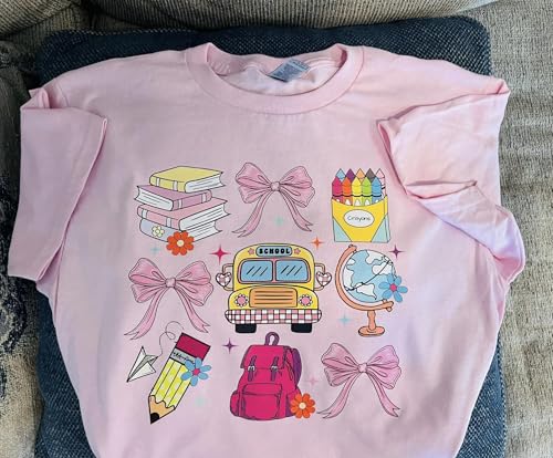 Back to School Coquette Shirt – Cute Bows, Ribbons, School Bus & Crayons Design – First Day of School Tee for Girls2