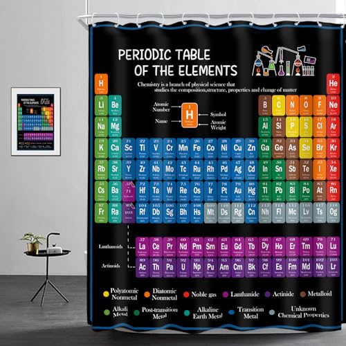 Riyidecor Periodic Table of Elements Shower Curtain 60Wx72H Inch Colorful Science Technology Kids Chemical School Students Bathroom Decor Fabric Polyester Waterproof 12 Pack Hooks