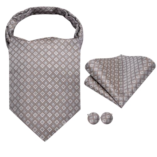 Image of Hi-Tie Silk Ascot for Men Self Tie Men's Cravat and Flower Lapel Pin Handkerchief Cufflinks Set for Wedding Party
