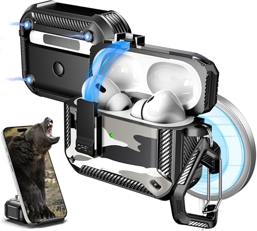 R-fun AirPods Pro 2�p�P�[�X�i�N���[�j���O�L�b�g�t���j�A�J�[�{���t�@�C�o�[�f�ނ̃~���^���[�����h�~�I�[�g�|�b�v�A�b�v�J�o�[�A�d�b�X�^���h�A�J���r�i�t�b�N�t���}�O�l�b�g�x�[�X�iAirPods Pro 2�Ή��j�ASnowCamo