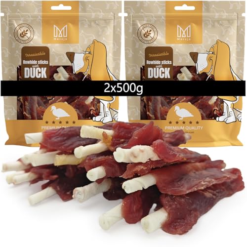 MERSJO Palitos para masticar de pato premium para perros, 2 x 500 g, sin gluten, 61% pato, 16-18 cm, cuidado dental