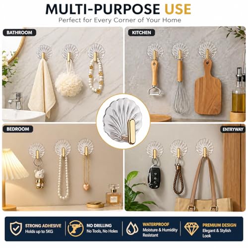 Image of Wall Hooks Self Adhesive Heavy Duty (Pack of 1) | Transparent Decorative Shell Hooks | No Drill Waterproof Sticky Hanger for Bathroom Kitchen Keys Towels Home Organizer (6)