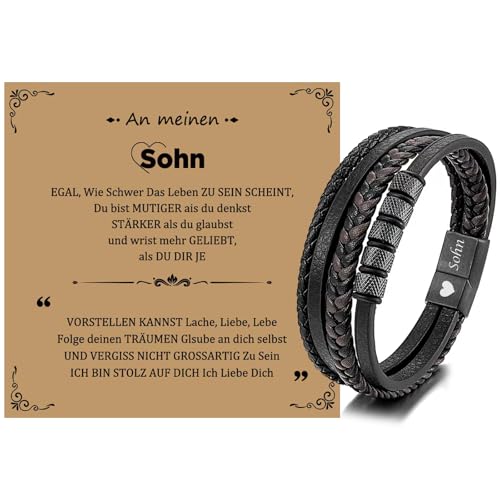 JSNOM Armband Vatertagsgeschenke für Sohn Geschenk: Schmuck Geflochten Leder Weihnachten Geburtstagsgeschenk Lederarmband Sohn Geschenke (Sohn-Schwarz 8.3inch)