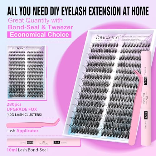 Image of Pawotence Lash Clusters Kit Cat Eye Lash Extension Kit DIY 9-16mm Cluster Eyelash Extensions Kit 40D Individual Lashes with Lash Bond and Seal, Lash Tweezers for Self Use (Fox 40D, 9-16mm, Kit)
