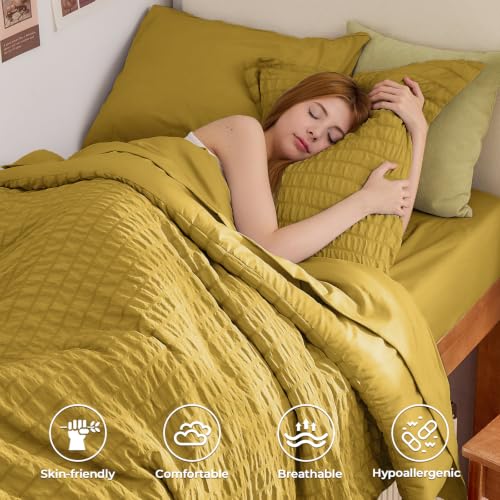 Image of HYMOKEGE Mustard Yellow Twin XL Comforter Set Seersucker 5 Pieces, All Season Luxury Bed in a Bag for Bedroom, Bedding Set with Comforter, Sheets, Pillowcase & Sham