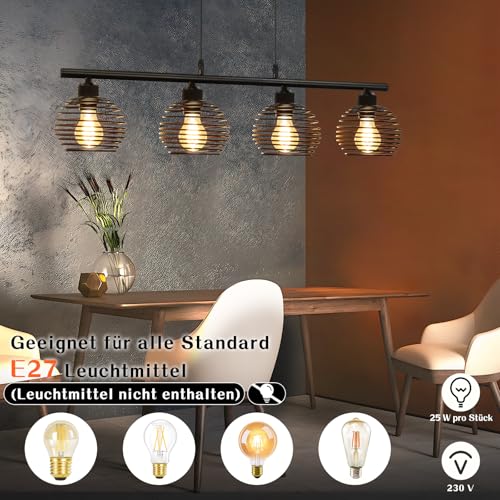 ZMH Pendelleuchte Esstisch Hängelampe Vintage - Schwarz Hängeleuchte Industrial Design Retro Esstischlampe E27 Metall 4 Flammig Esszimmerlampe für Esszimmer Küche Wohnzimmer Arbeitszimmer