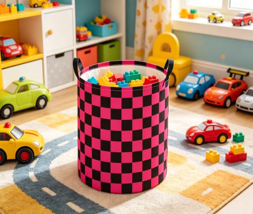 Image of Baby Laundry Hamper Basket Baby Hamper for Nursery Boy and Girl Cute Storage Bin Organizer Boho Room Decor(Pink Black Checkered)