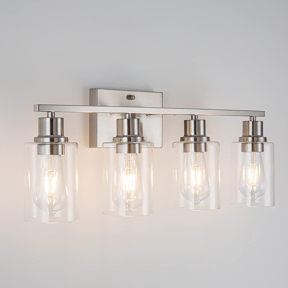 Photo 1 of EMONG Brushed Nickel Bathroom Light Fixtures,4-Light Vanity Lights with Clear Glass Shade,Wall Sconces for Hallway, Farmhouse,Living Room,Kitchen AM-70050-4-SN