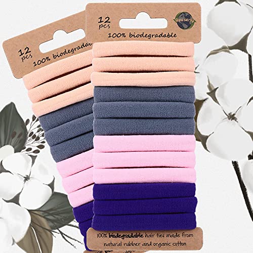 Image of Biodegradable Eco Friendly Elastic Thick 8mm Large Hair Ties for Women & Men - Organic No Crease - Cotton Natural Rubber Ponytail Holders - Hair Ties for Buns - Plastic Free Hairbands (24 pcs, Pastel)