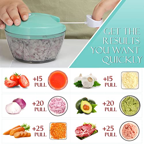 Image of Ourokhome Manual Food Processor Vegetable Chopper, Portable Hand Pull String Garlic Mincer Onion Cutter for Veggies, Ginger, Fruits, Nuts, Herbs, etc., 500ml, Teal