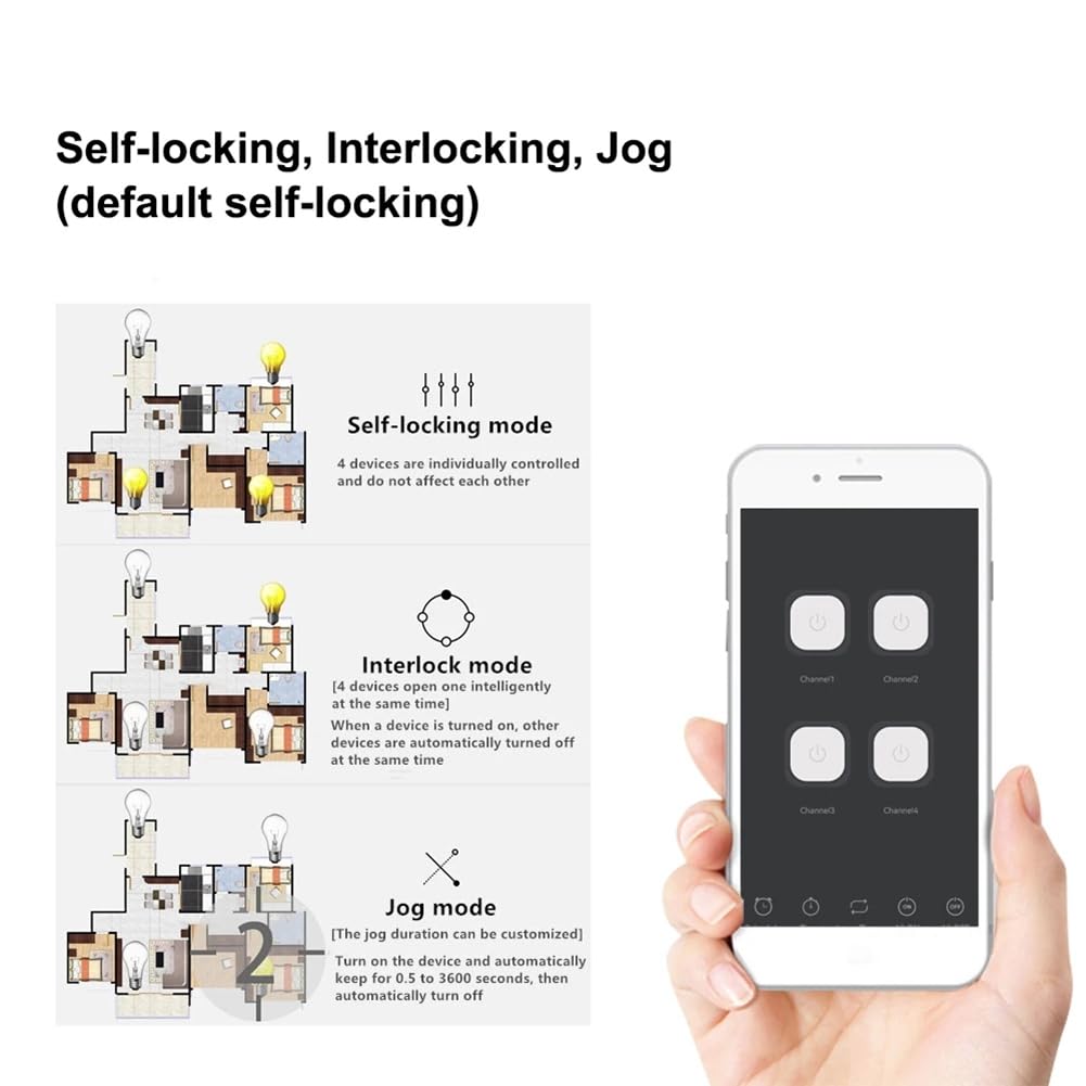Modulo Relè 4 Canali WiFi Intelligente, Interruttore Remoto Intelligente WiFi 4CH con Controllo Remoto, Blocco Automatico, RF433
