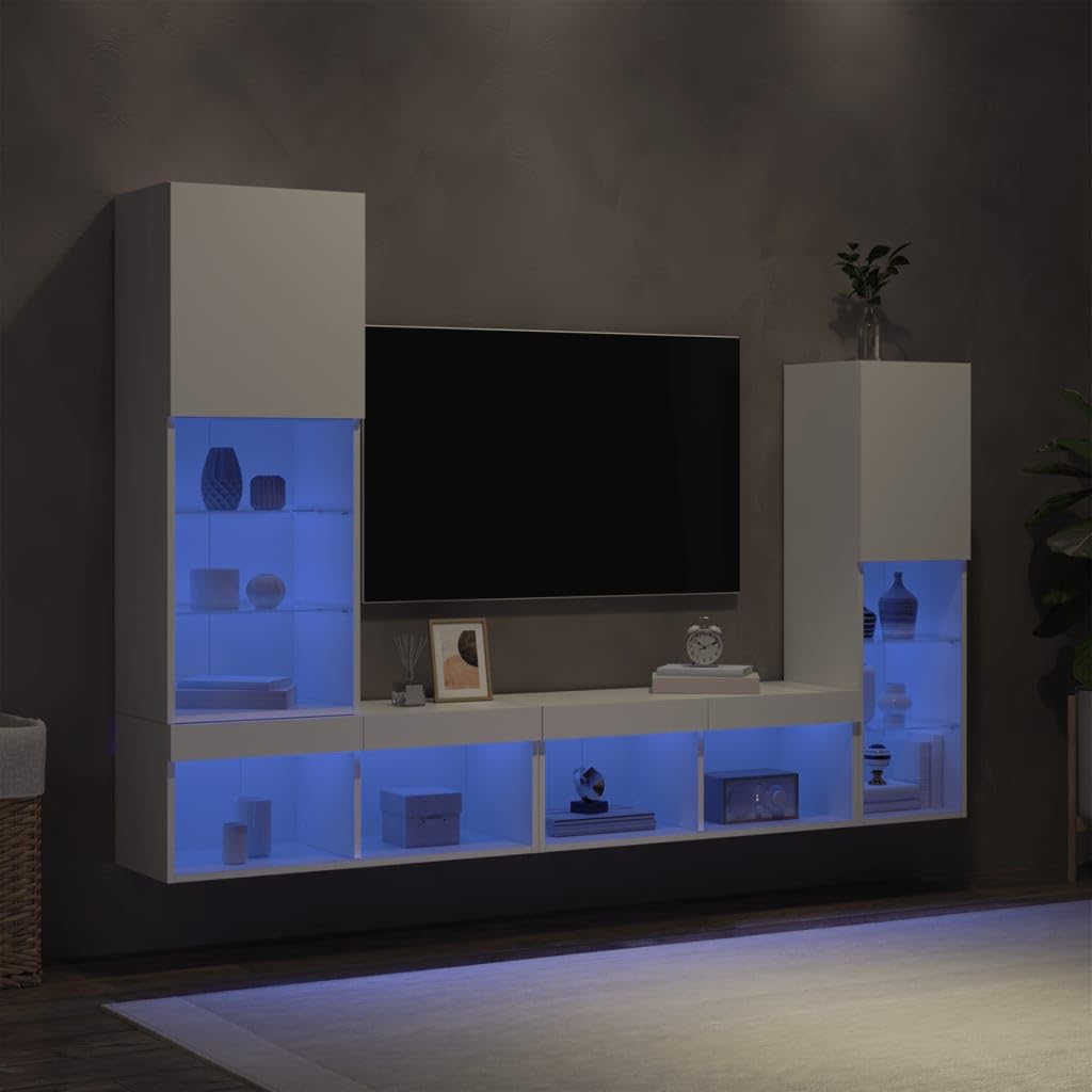 vidaXL 4-TLG. Wohnwand mit LED-Beleuchtung Weiß Holzwerkstoff