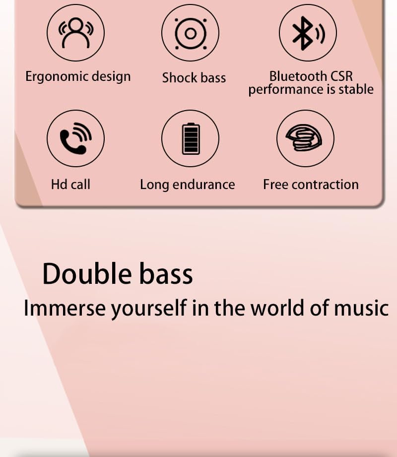 Icons representing key features: ergonomic design, shock bass, stable Bluetooth, HD call, long endurance, free contraction