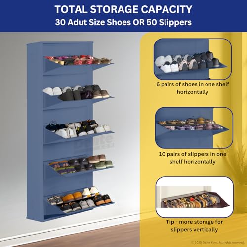 Image of DELITE KOM 24 inch Wide, 10 Shelf Metal Shoe Rack Wall Mounted for Home with Central Lock Holds Upto 30 Shoes or 50 Slippers Pair | Double Decker, 1 Yr Warranty, (67x24x8, Graphite Grey) DIY, Space Saver