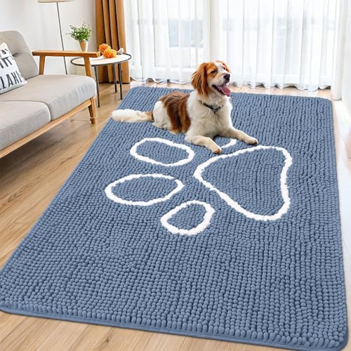 Image of Smiry Dog Door Mat for Muddy Paws, Absorbent Dirt Trapper Non Slip Quick Dry Washable Chenille Mat for Mud Dogs, Entry Rug for Indoor and Outdoor (71x46 Inches, Airy Blue and White)
