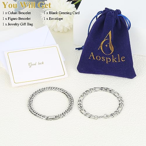 2PCS Cuban Link Figaro Bracelet, Silver Gold Black Sturdy 316L Stainless Steel Cuban Link Chain for Men Jewelry Set with Gift Message Card 8mm, 7/8/9 Inches4