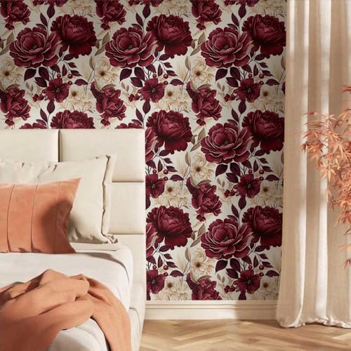 Papel pintado vintage de peonía beige para decoración de pared autoadhesivo 2
