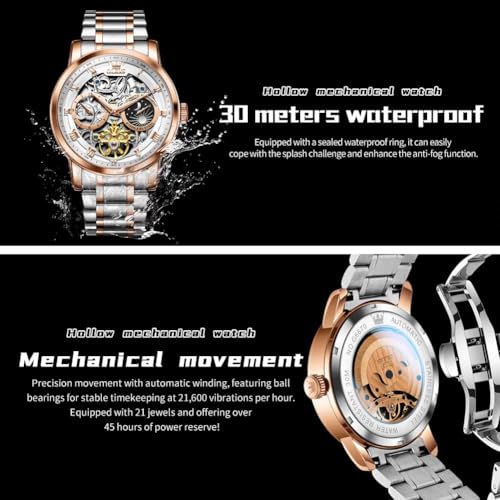 Image of OLEVS Men Automatic Watch Diamond Skeleton Mechanical Luxury Self Winding Moon Phase Calendar Waterproof Wrist Watch for Men