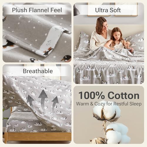 True North by Sleep Philosophy Cozy Flannel Warm 100% Cotton Sheet - Novelty Print Animals Stars Cute Ultra Soft Cold Weather Bedding Set, Queen, Grey Penguins
