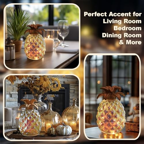 Image of Iridescent Glass Pineapple Light - Battery-Powered LED Lamp with Steady & Twinkling Modes, 6-Hour Timer - Ideal for Tropical Decor & Gifts