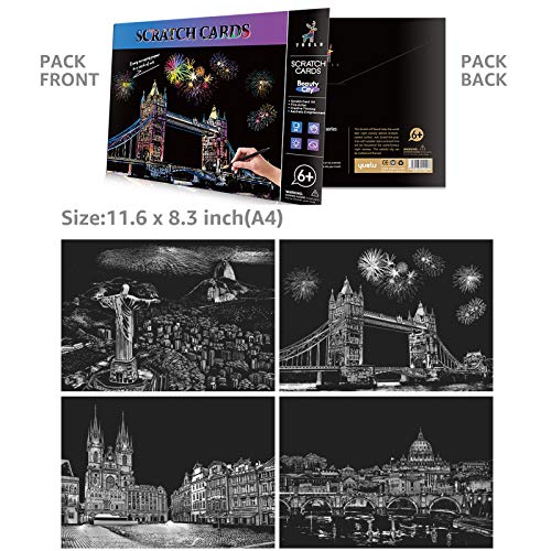 Scratch Art Rainbow Painting Paper(A4), DIY Crafts Womens Hobbies, Engraving Art Scratchboard for Kids & Adults Scratch Painting Christmas Birthday Creative Gift Set: 4 Sheets (Classic Architecture)