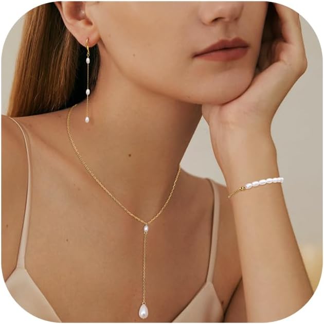 FUNRUN JEWELRY Pearl Necklace for Women 14K Gold Plated Pearl Jewelry Set Adjustable Pearl Choker Necklace Bracelet Pearl Drop Earrings Dainty Wedding Pearl Jewelry FUNRUN JEWELRY Pearl Necklace for Women 14K Gold Plated Pearl Jewelry Set Adjustable Pearl Choker Necklace Bracelet Pearl Drop Earrings Dainty Wedding Pearl Jewelry